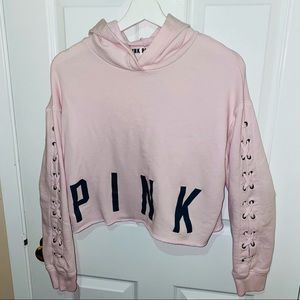 VS Pink Cropped Hoodie Criss Cross Sleeves
